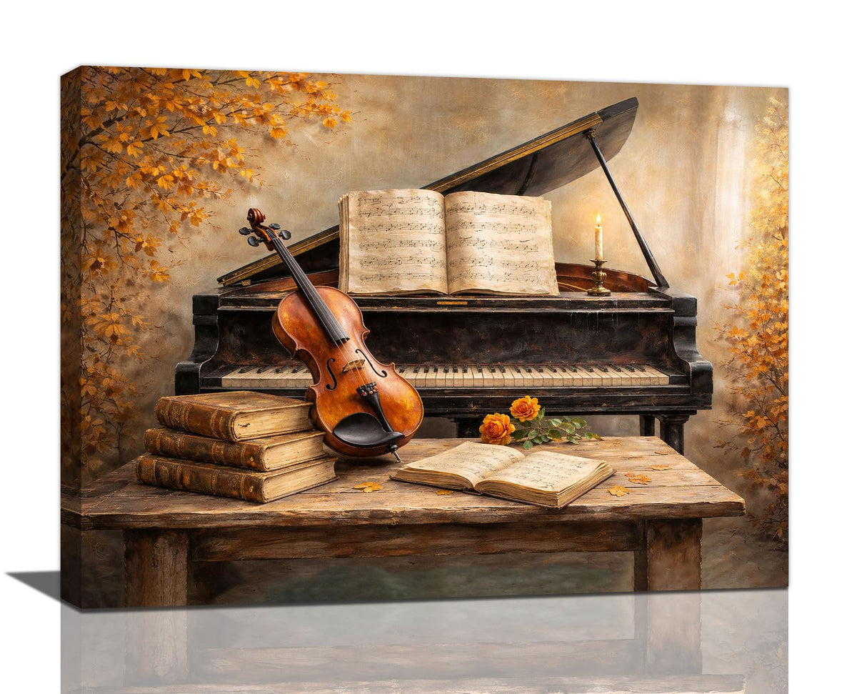 Piano Music Wall Art Piano and Violin Wall Decor Vintage Musical Instrument Canvas Painting Picture for Music Room Bedroom Living Room 12"x16" (Piano Violin / 16"L x 12"W)