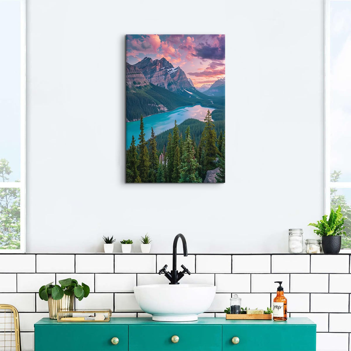 Mountain Landscape Wall Art Bathroom Wall Decor Blue Lake Scenery Canvas Prints Forest Photography Picture Trees Painting Poster Nature Modern Artwork for Living Room Office Home Decorations 16x24" (24"L x 16"W / Baff National Park)