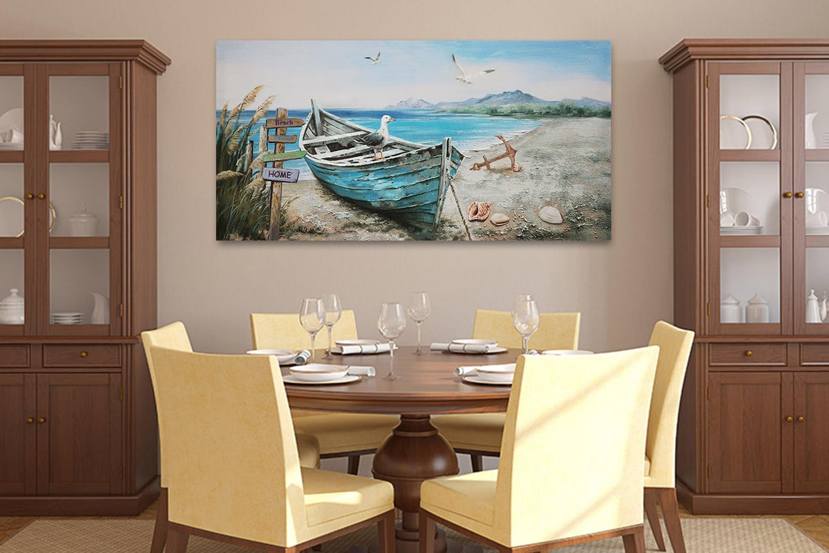 Nautical Wall Art Decor Coastal Artwork for Living Room 48"x24" (blue coastal boat / 48"L x 24"W)