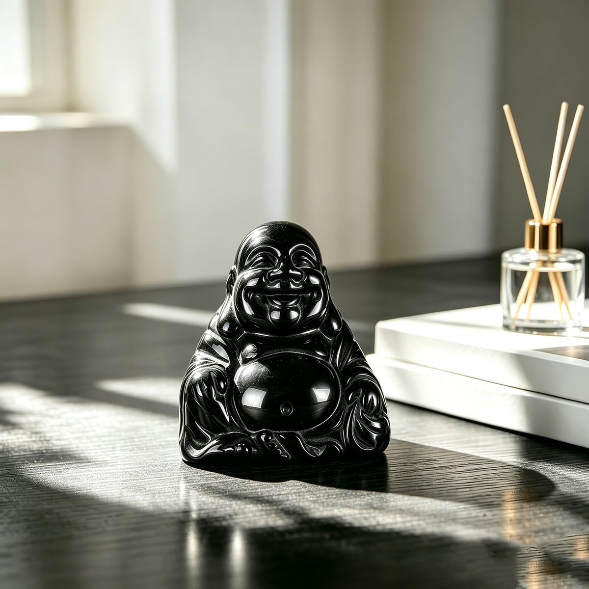 2" Black Obsidian Laughing Buddha Statue (Black Obsidian)
