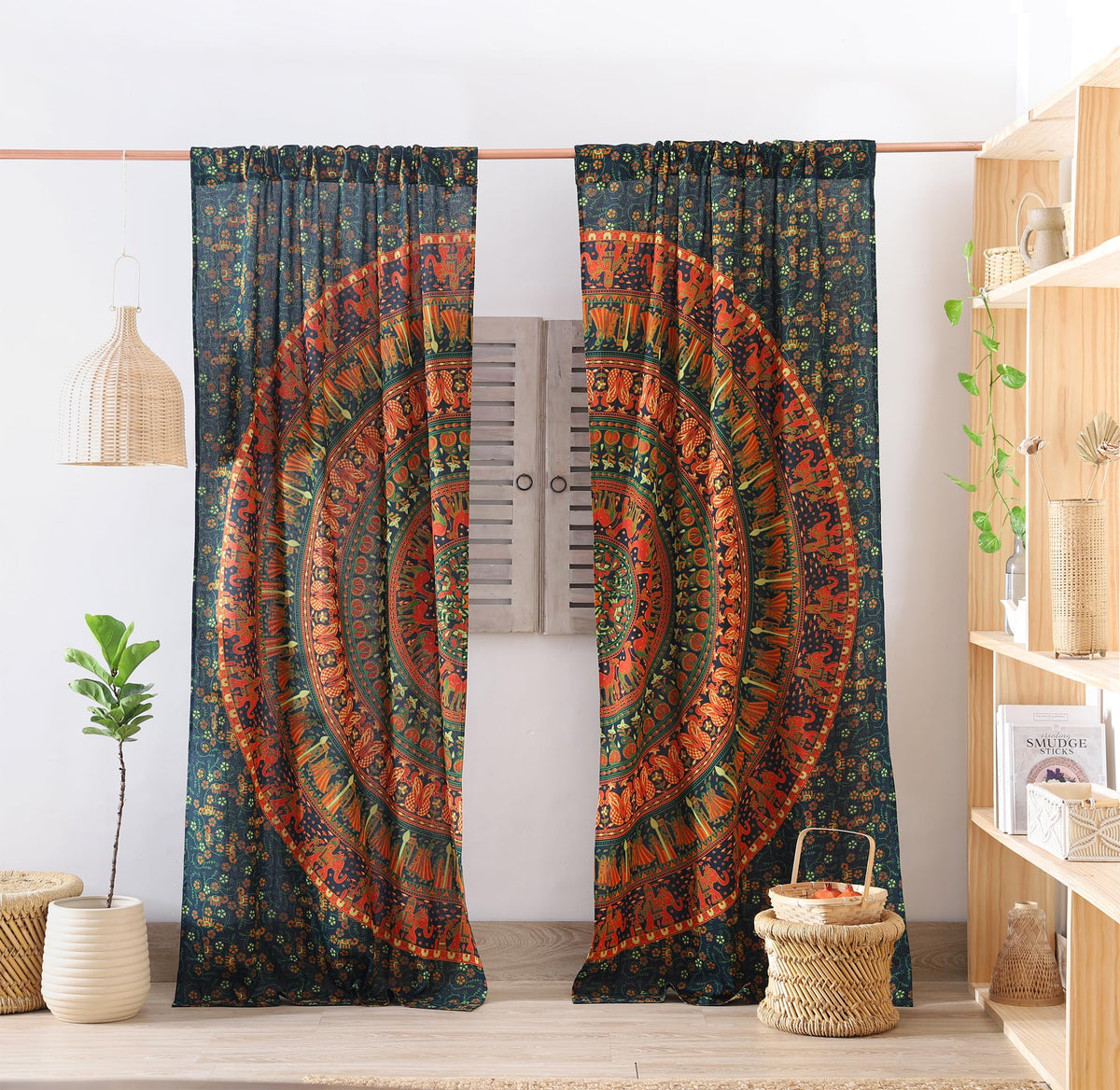 Indian Hippie Bohemian Beautiful Elephant Peacock Mandala Curtain Panels Olive Green (38"W x 83"L (Pack of 2) / Olive Green)