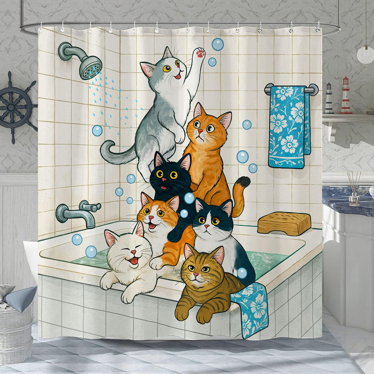 Cozy Cat Shower Curtain Set Playful Bathtime Scene Waterproof Bathroom Shower Curtain Cute Animal Fun Print Inviting Home Decor 72x72 Inch (72"W x 72"L (Pack of 1) / Silver Gray)