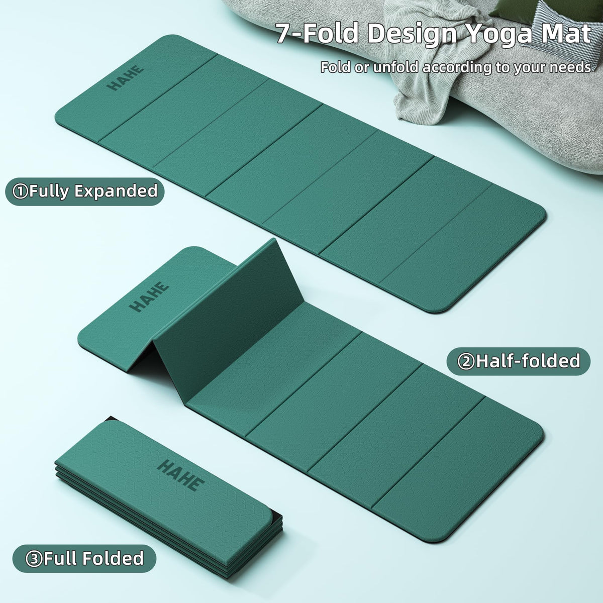7 Fold Design Extra Thick Yoga Mat 72"L x 24"W x 0.47" (Dark Green & Black)