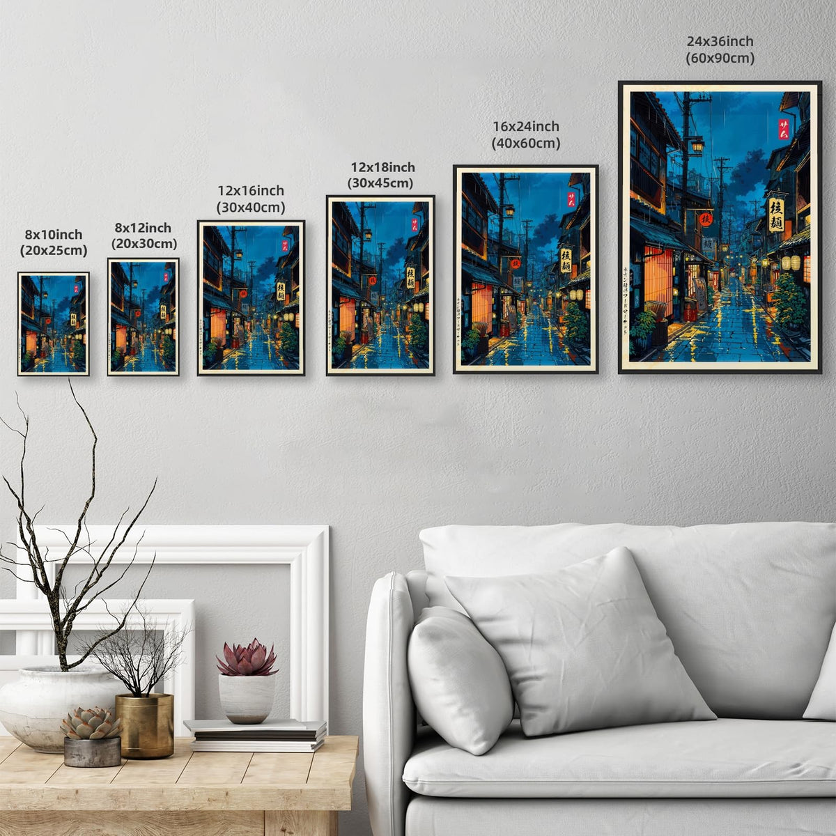 Japanese Tokyo Tea House Wall Art Poster Kyoto Night Street Art Canvas Print Retro Japan Illustration Decor Vintage Urban Street Scene for Bedroom Living Room Aesthetic 16x24inch Black Aluminum Frame (16"L x 24"W / style-1 Black Aluminum Frame)