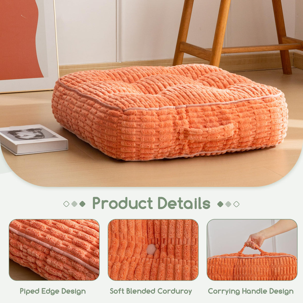 6" Floor Pillow Cushion for Adults (Square Coral / 6" Thick(Pack of 1))