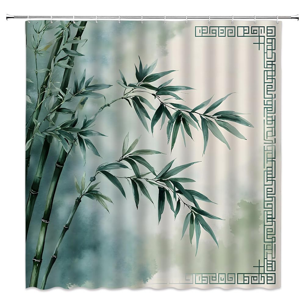Bamboo Shower Curtain Vintage Green Bamboo Forest Leaves Traditional Retro Rustic Wild Nature Plant Asian Japanese Zen Relaxing Bathroom Decor Polyester Fabric Curtains with Hook 59Wx70H Inches (Green / 59"W x 70"L (Pack of 1))