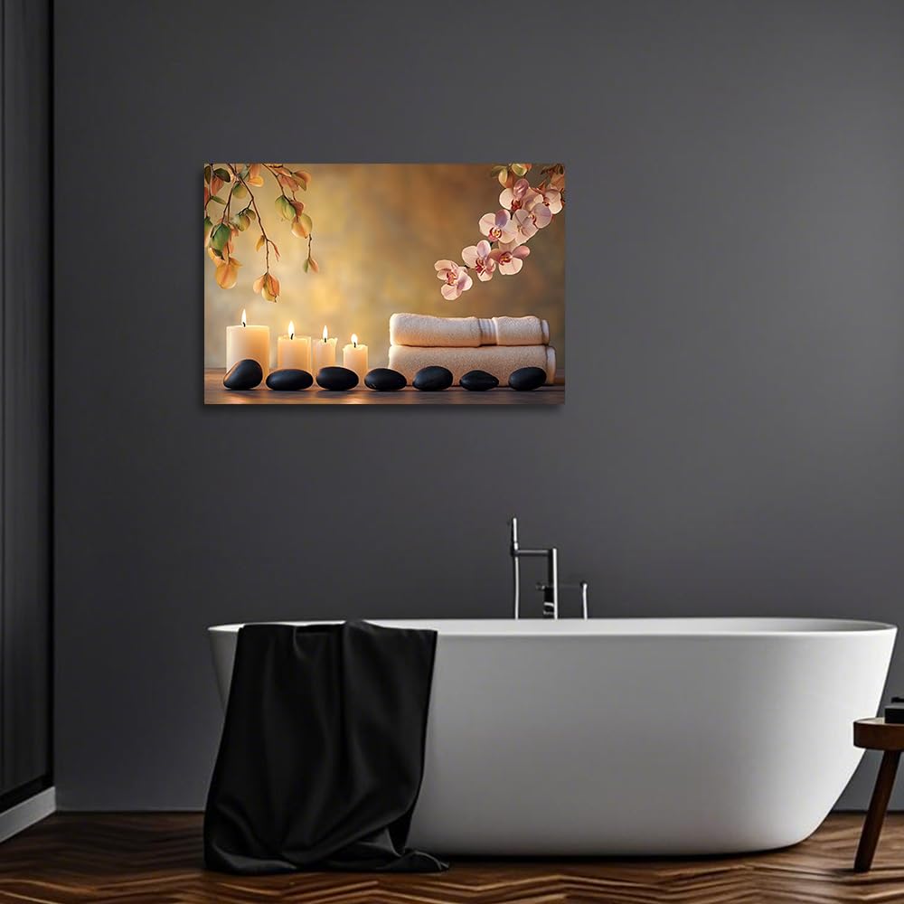 YMXHUANSH SPA Wall Art Decor Candles Canvas Print Orchids & Stones Zen Bathroom Artwork for Yoga Room Bedroom Massage Studio 12x18inch (Pink / 12"x18")