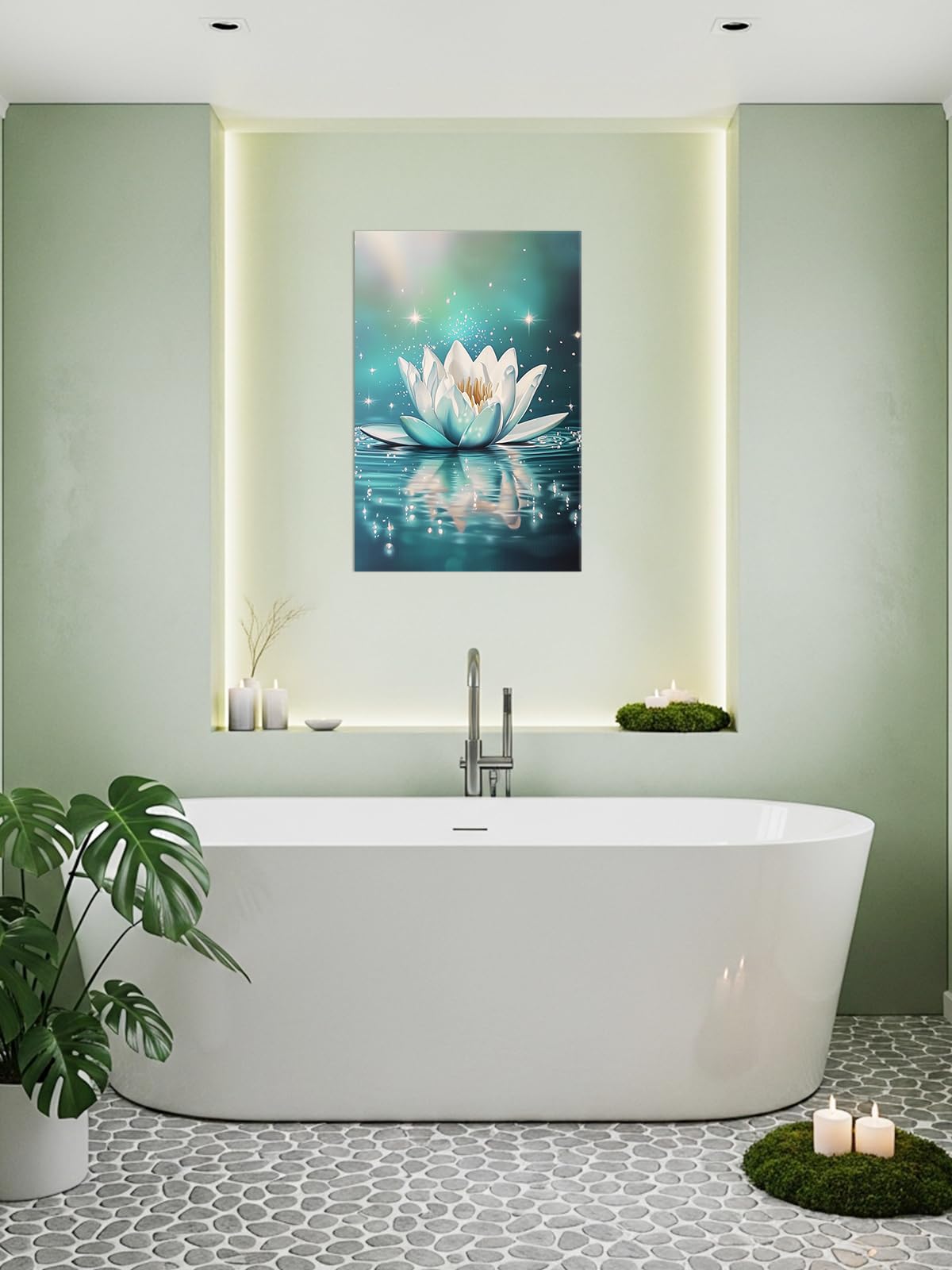 Lotus Flower Wall Art Zen Bathroom Decor Teal Picture Lotus Water Calm Canvas Prints Meditation Painting Modern Spiritual Poster for Yoga Spa Room Office Decor Framed (A-Teal / 24"L x 16"W)