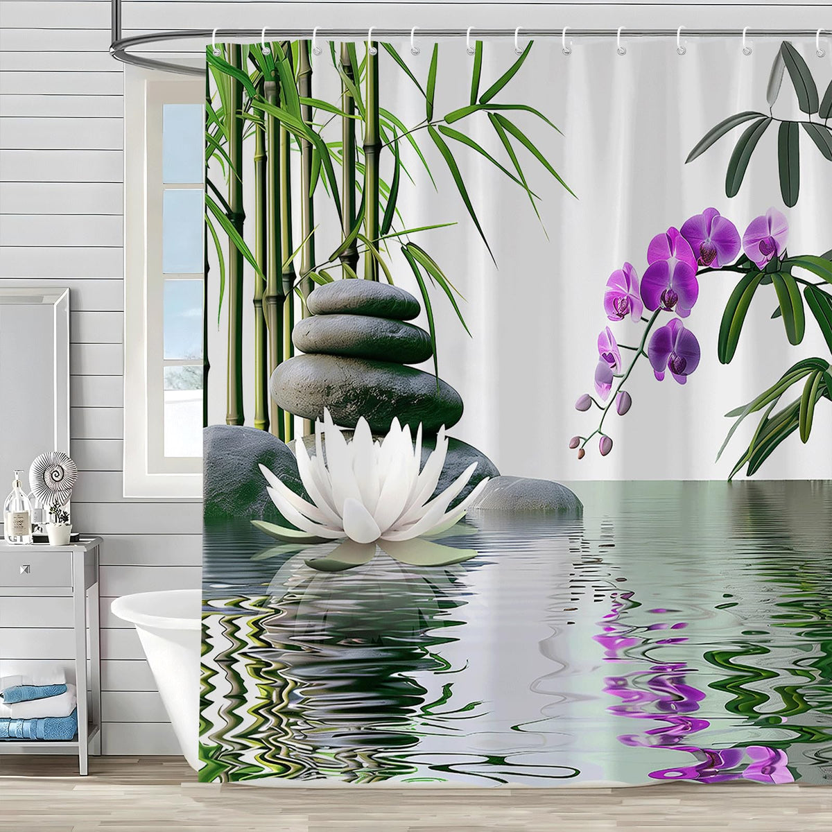 Zen Shower Curtain Green Leaf Floral Purple Flower Lotus Black Stone Japanese Garden Relax Meditate Spring Nature Theme Rustic Polyester Curtains Bathroom Decor Set with Hooks 70Wx84H Inch (70"W x 84"L (Pack of 1))