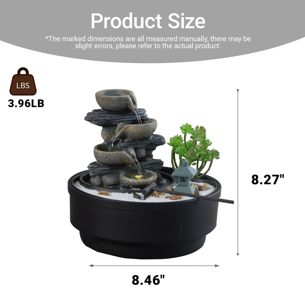 Indoor Tabletop Water Fountain with LED Lights & Pagoda (Gray_rock / 8.5 Inch)