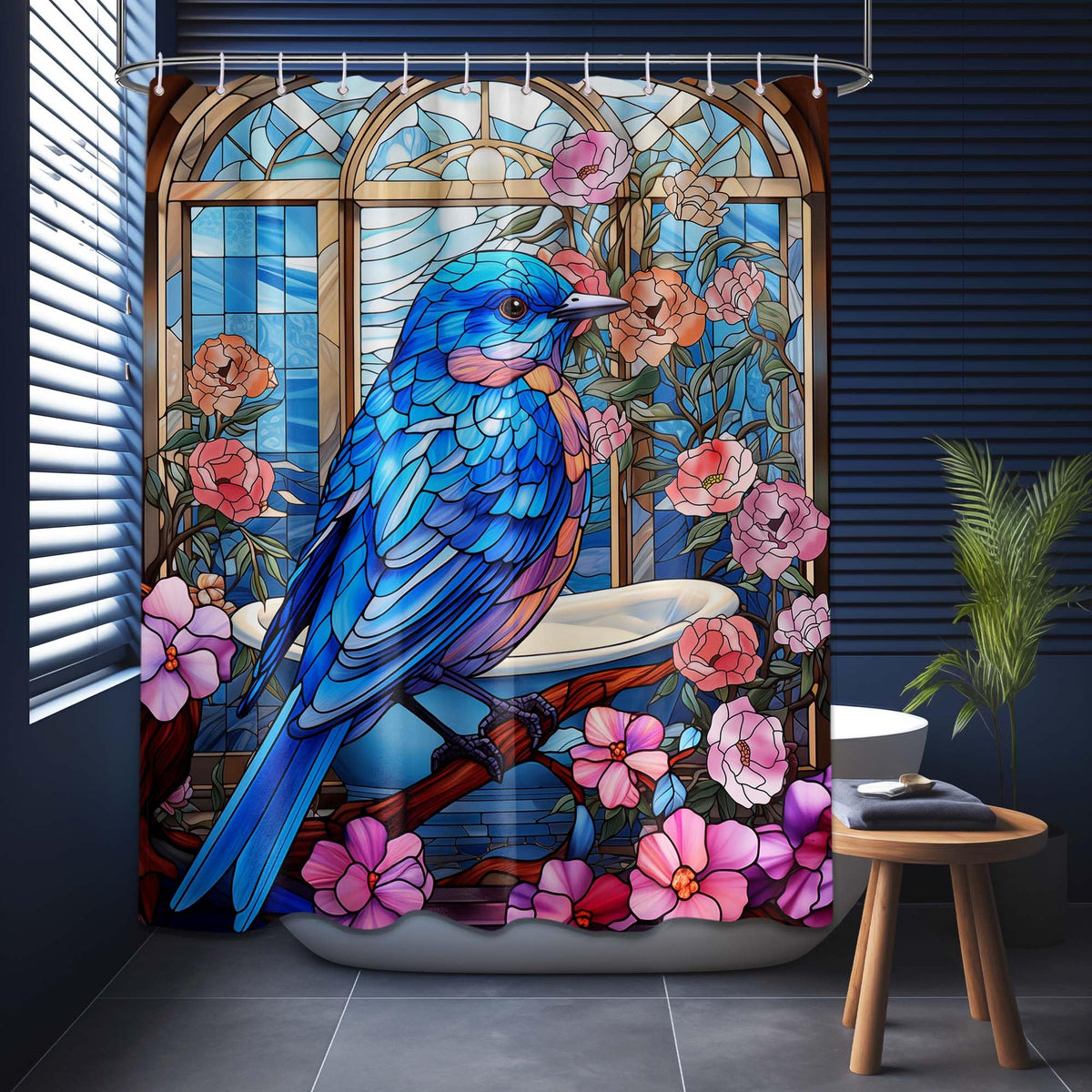 Stained Glass Shower Curtain Bird Floral Art Deco Shower Curtains for Bathroom Decor Sets (Stained Glass Bird / 60"W x 72"L (Pack of 1))