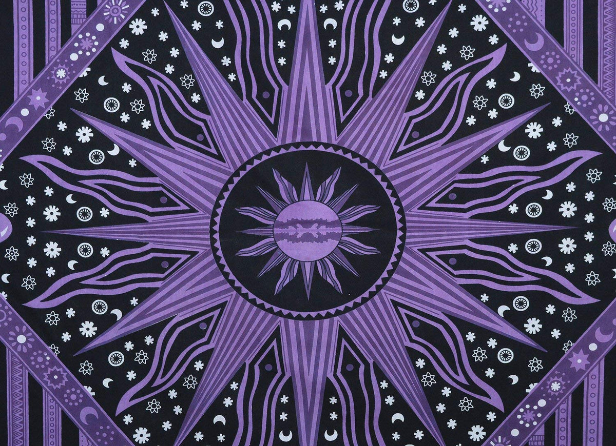 Wall Hanging Tapestry For Bedroom Hippie Burning Sun and Moon Meditation Bohemian Hippy Psychedelic Design Indian Tapestries Bedspread 90 x 108 inches (108"L x 90"W / Purple)