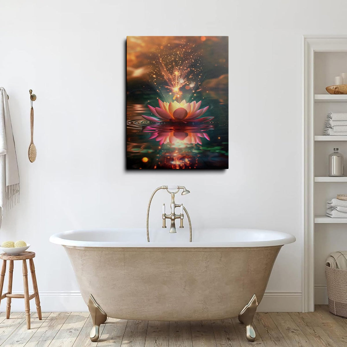 Lotus Flower Canvas Wall Art Framed Serene Botanical Spa Decor 16x24 Inch (Glowing Lotus / 24"L x 16"W)
