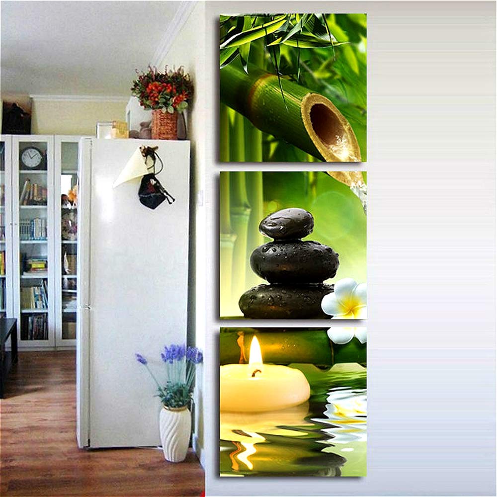 Bamboo Wall Art Zen Stone Canvas Painting Green Plant Artwork Bedroom (Zen Asian / 12"L x 12"W)