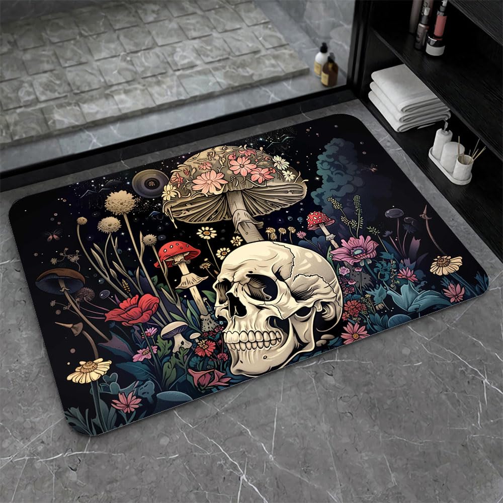 Bath Mat Bathroom Rug (A Skull and Mushroom- / 20 x 31 inches)