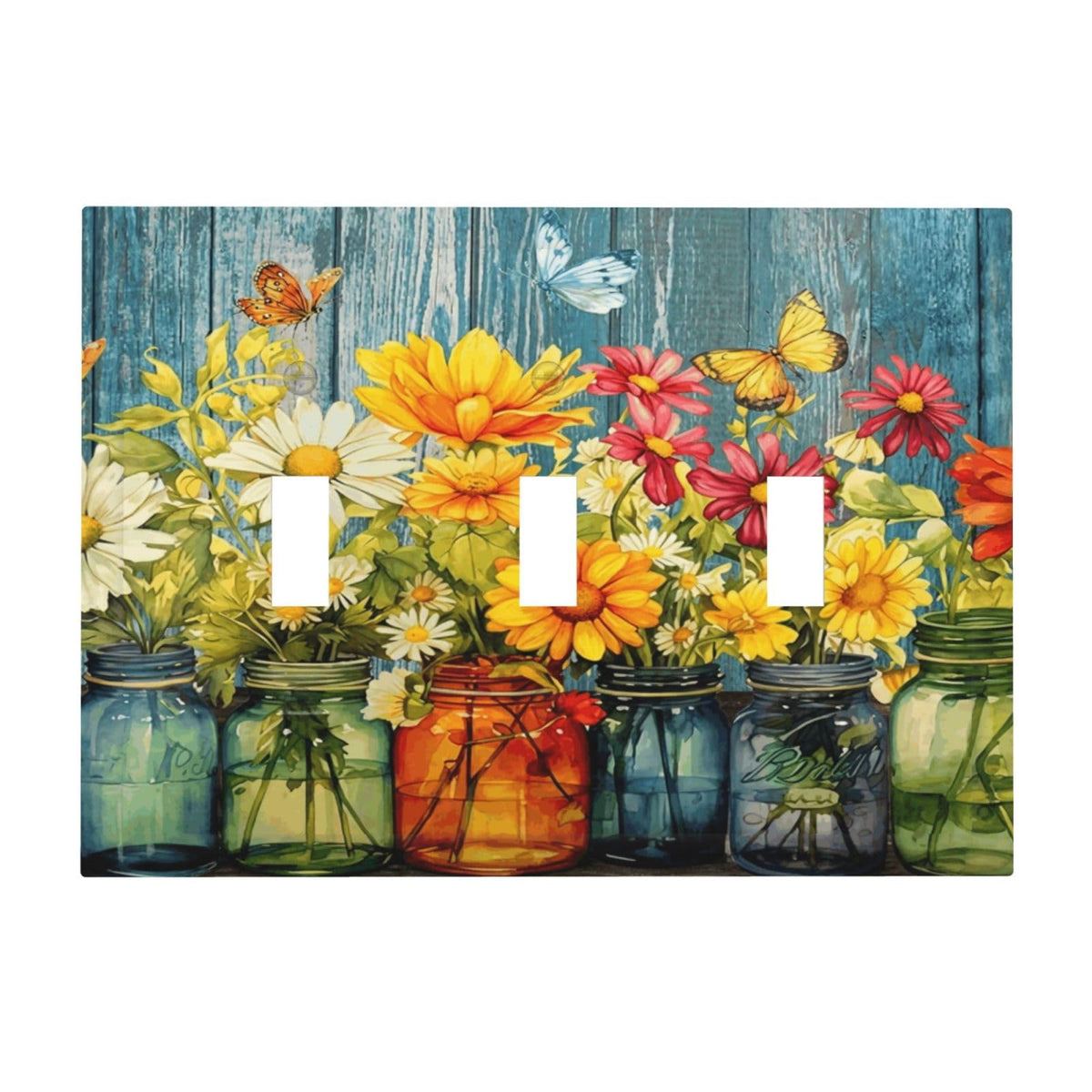 Country Rustic Daisy Flowers Butterfly 3 Gang Electrical Outlet Light Switch Cover Decorative Farmhouse Home Vintage Family Colorful Floral Triple Toggle Switch Face Wall Plate Covers (Country Rustic Daisy Flower Butterfly / 3 Gang Toggle Mid)