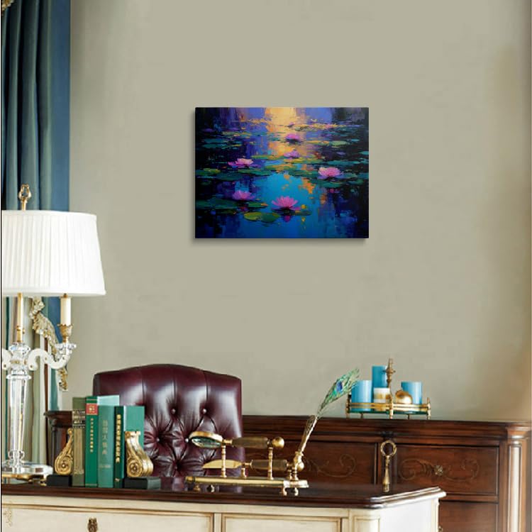 Calming Water Lilies Canvas Wall Art Framed Impressionist Painting Pink Blooms on Serene Pond Textured Brushstrokes Blue Turquoise Reflection Zen Wall Decor Artwork Poster 16x24 Inches (Water lilies / 24"L x 16"W)