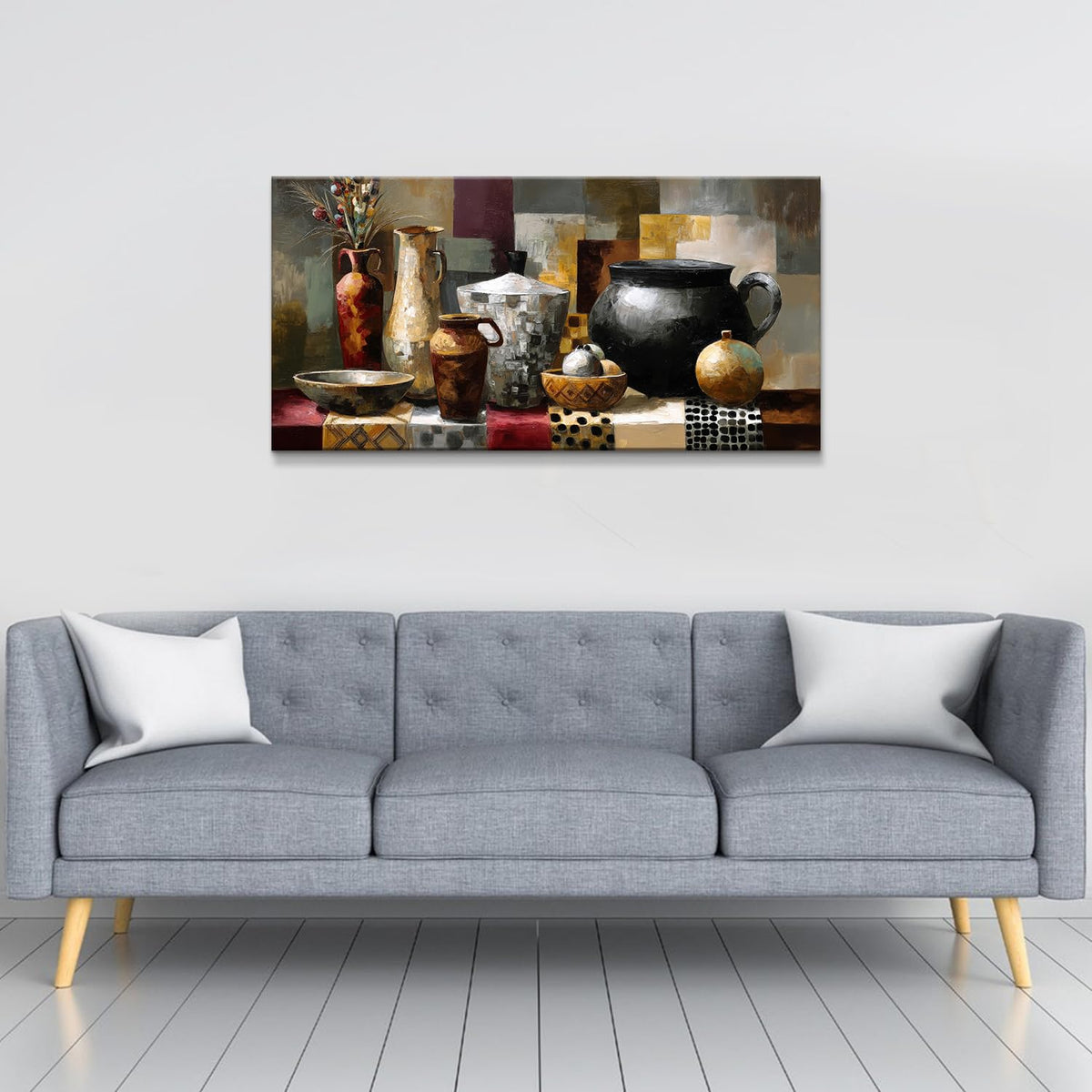 Vintage Dining Room Geometric Wall Art Abstract Antique Crocks Picture Kitchen Art Farmhouse Neutral Wall Decor Brown Vases Flower Painting Mid Century Modern Artwork Living Room Decorations 20x40" (40"L x 20"W / Jar)