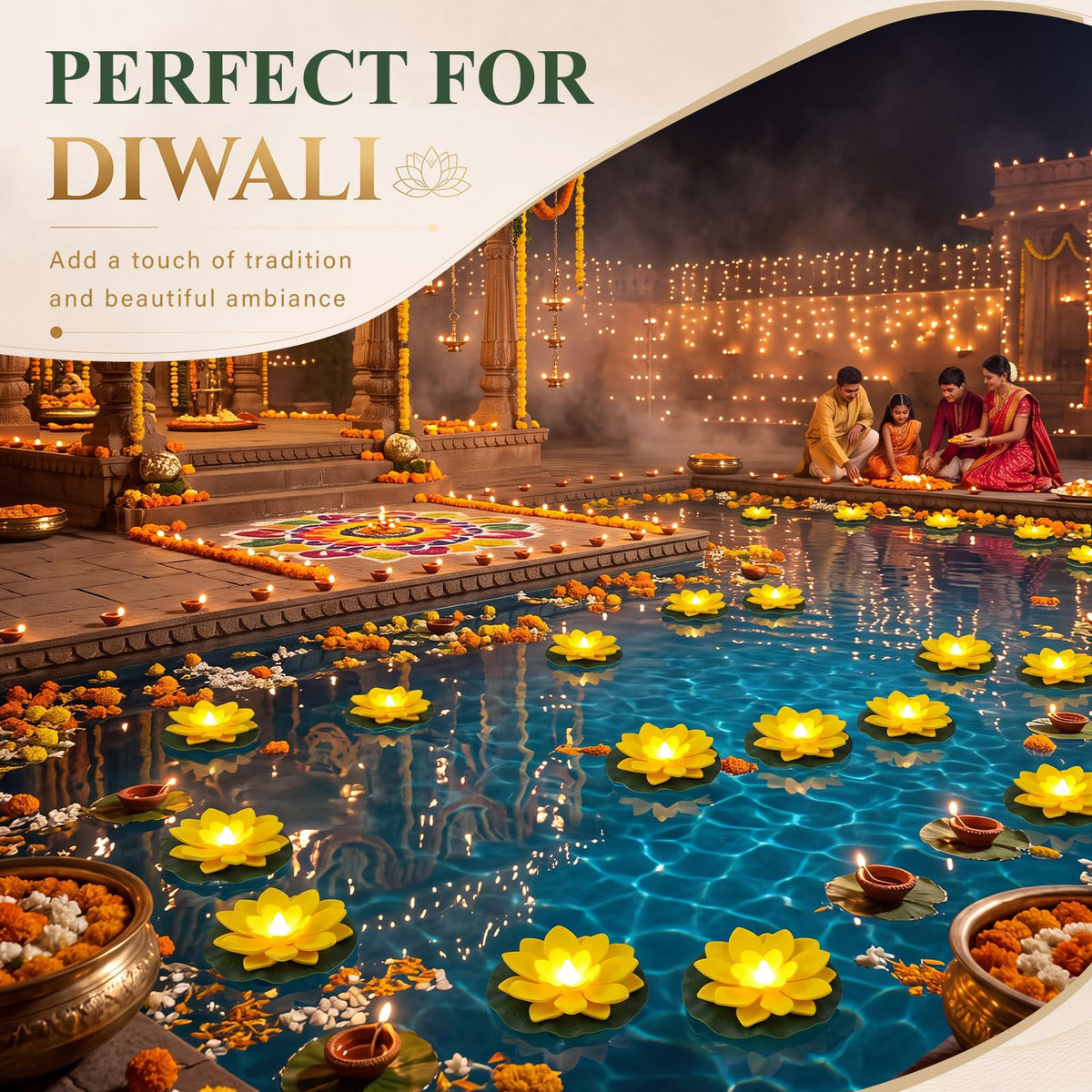 24 Pcs Diwali Floating Lotus Lights (Yellow / 3.94 Inch)
