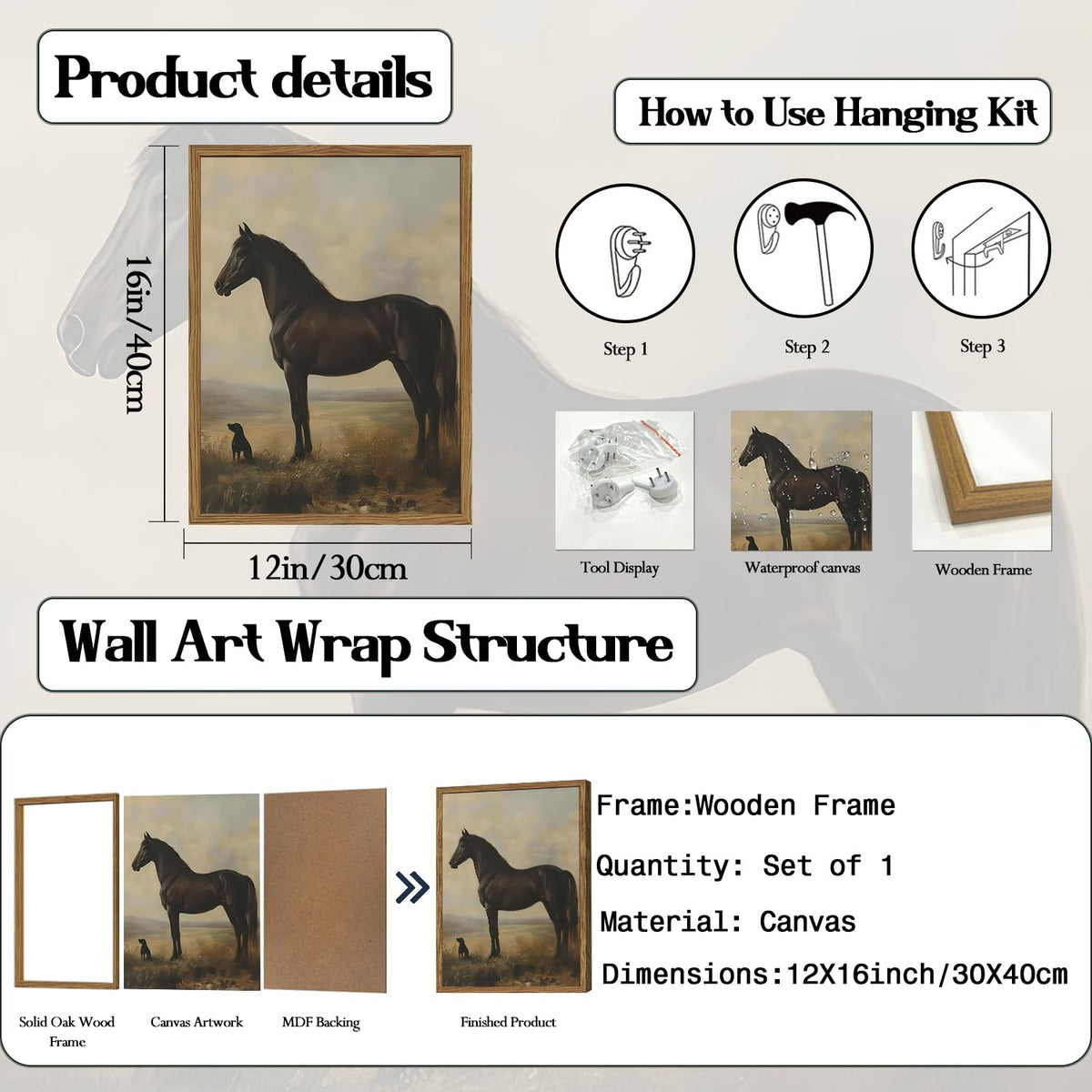 Vintage Black Horse Wall Art Cottagecore Horse and Dog Wall Decor Painting (Animal-F / 16"L x 12"W)