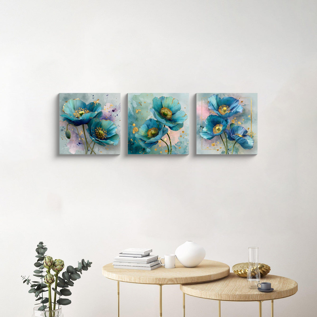 3Pcs Blue Teal Poppy Flower Wall Art Canvas Print with Gold Accents Modern Botanical Floral Contemporary Watercolor Style Elegant Flower Artwork for Living Room Bedroom Home Office Wall Decor (12 x 12 inches (3-Piece Set) / Blue Poppy)