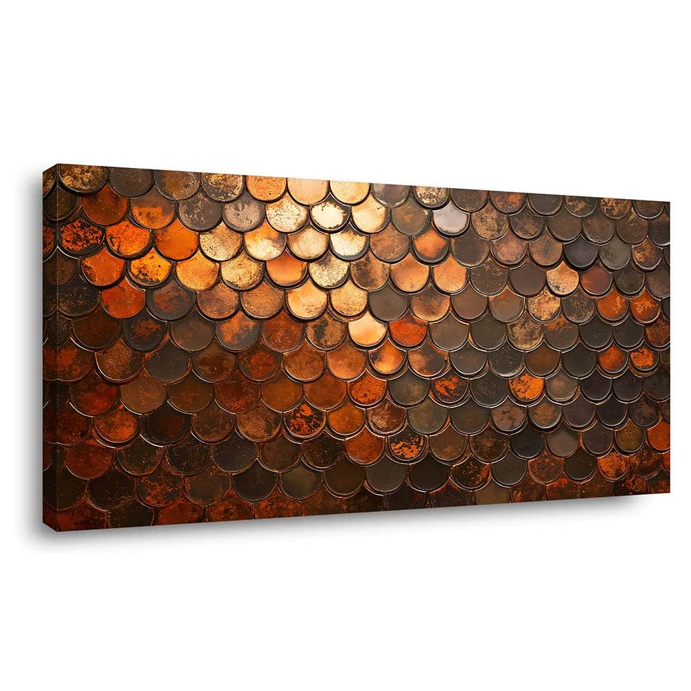 Rustic Copper Scale Canvas Wall Art Abstract Geometric Faux Metallic Texture Painting Flat Print Gallery Wrapped Industrial Artwork for Living Room Bedroom Bathroom Decor (Abstract / Orange Fish Scales 35 / 46"L x 23"W)