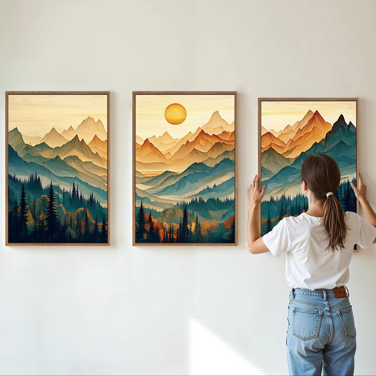 Large Mountain Framed Canvas Wall Art Set of 3 (Boho Mountains / 36"L x 24"W)
