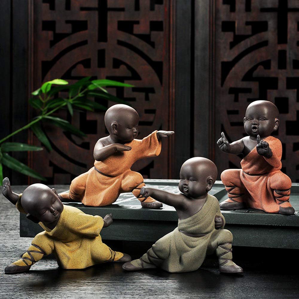 Miniature Buddha Figurine Ceramic Little Cute Buddha Statue Monk Figurine Creative Baby Crafts Dolls Ornaments Gift Chinese Delicate Ceramic Arts and Crafts kung fu Little Monks (Type 4)