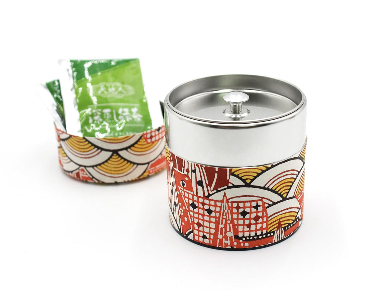 Japanese Pokkan Matcha Coffee Spice Tea Tin Canister Washi Paper Storage with Lid 7.05 oz Capacity (Modern Seigaiha, S)