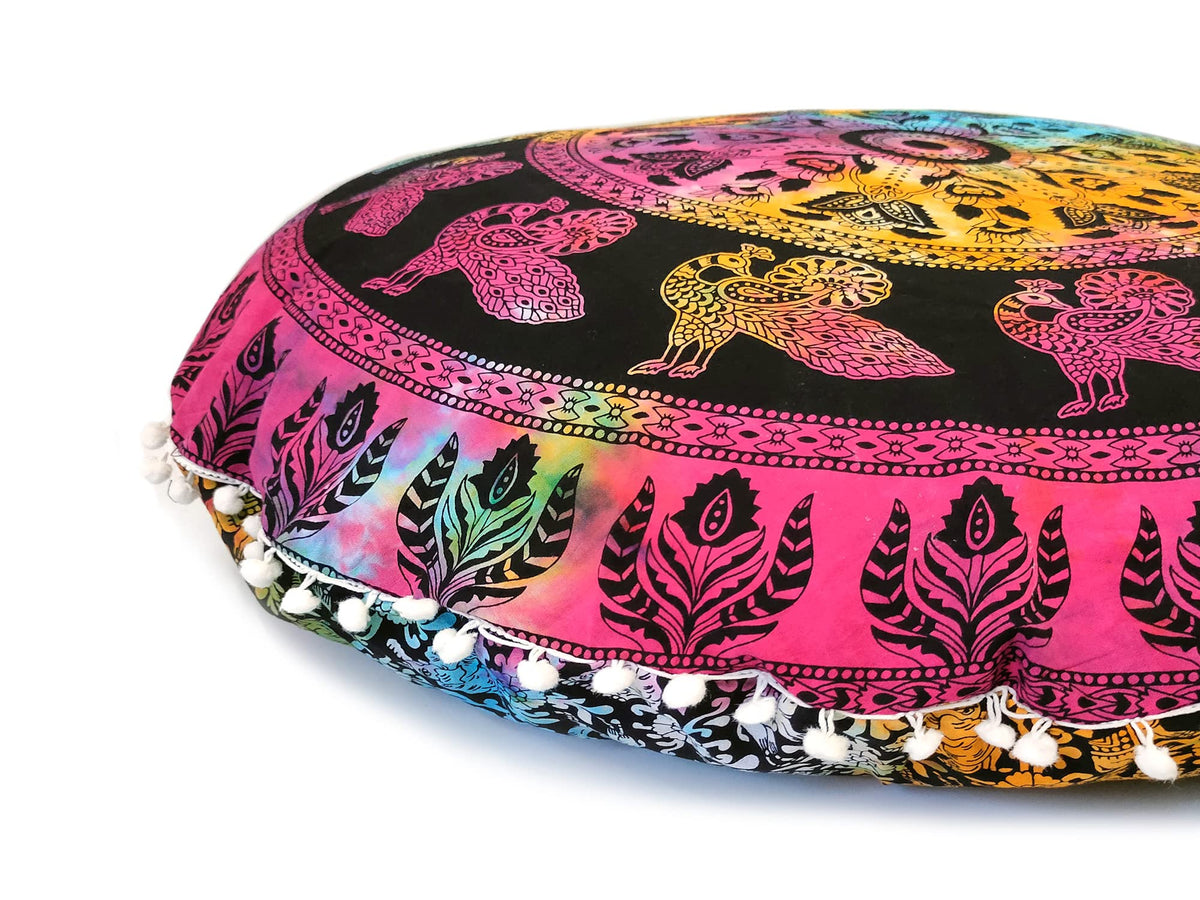 Large Hippie Floor Pillow Cover Mandala Meditation Cushion Case Pouf Cover Round Poufs Cover Bohemian Floor Cushion Cover Outdoor Fireplace Yoga Living Room Decor 32" Multi (Multi-color Peacock)