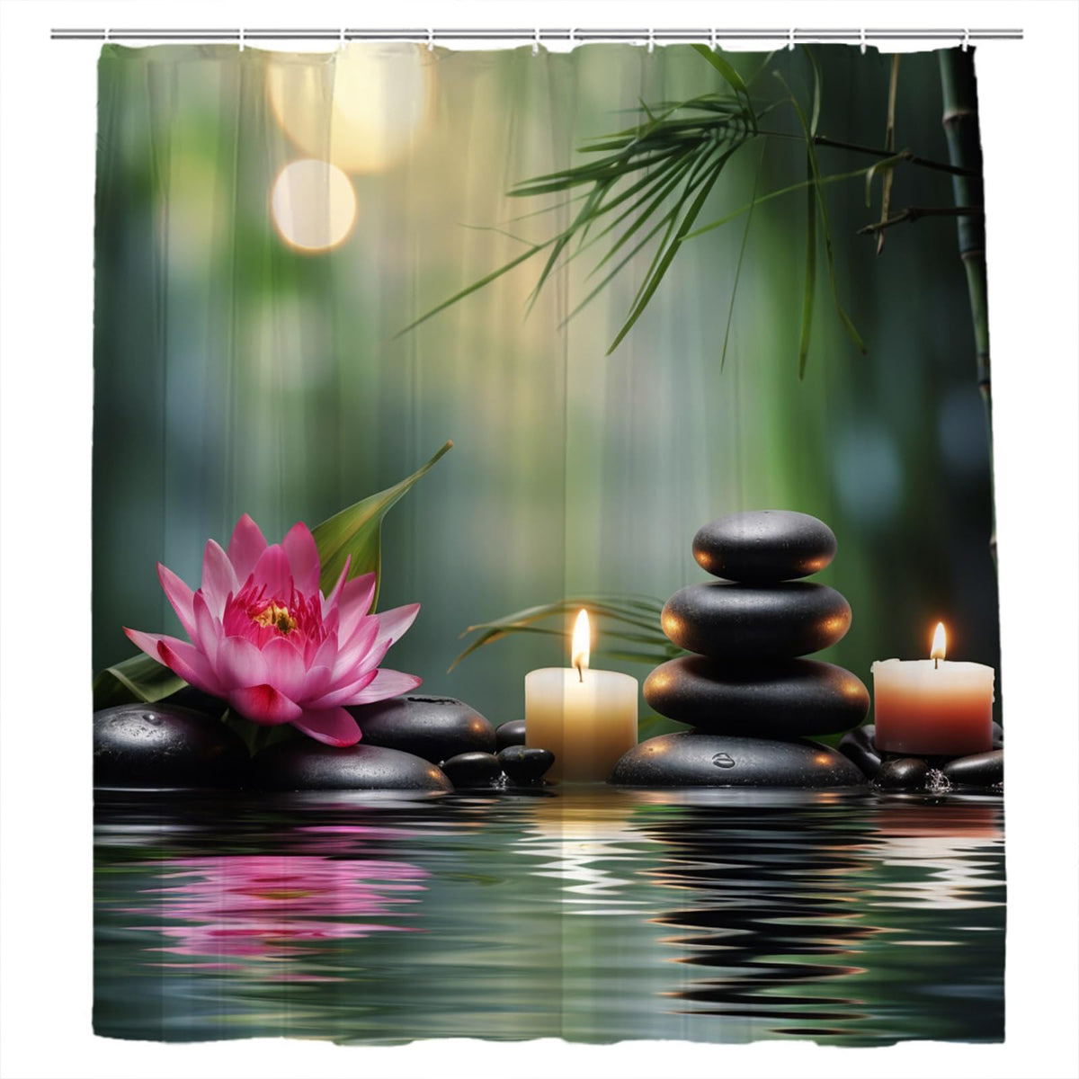 Zen Shower Curtain Asian Zen Stone Lotus Floral Water Ripple Spa Relaxation Elegant Rustic Plant Wildflower Bathroom Decor Curtains 90x70 inch with Hook (90"Wx70"H)
