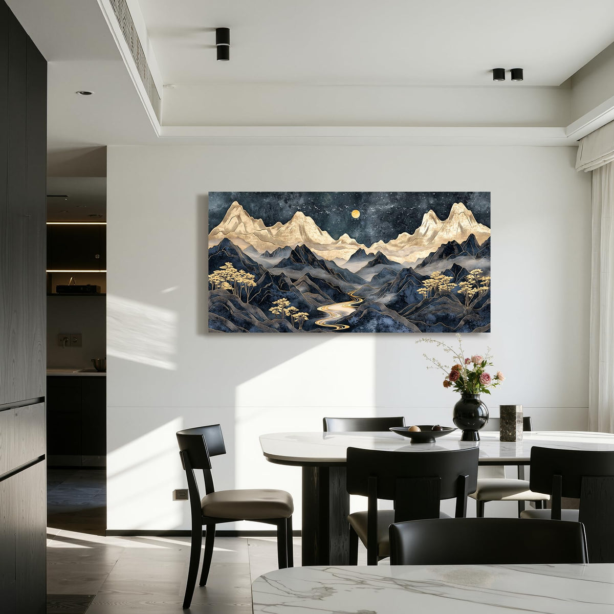 Luxury Mountain Oversized Wall Art Landscape Painting Living Room (Indigo Golden Mountain / 57"L x 29"W)
