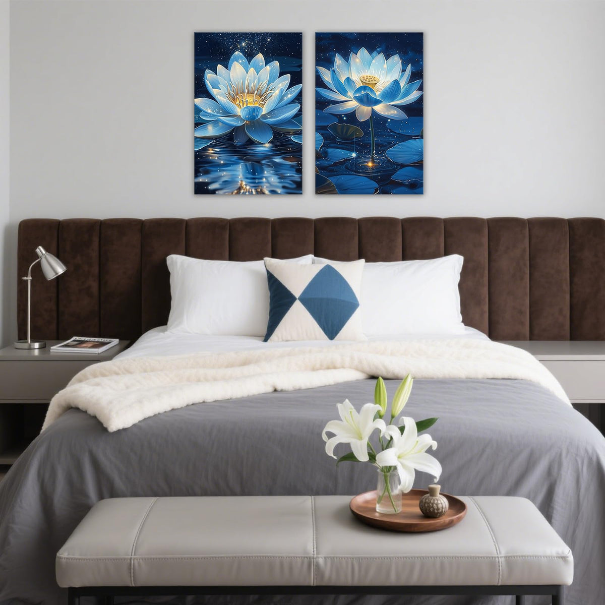 Blue Lotus Floral Wall Art 2 Panel Blooming Zen Flower Pictures Print Nature Inspired Decor for Living Room Bedroom Yoga Room (Artwork-5 / 16"x24"x2pcs)