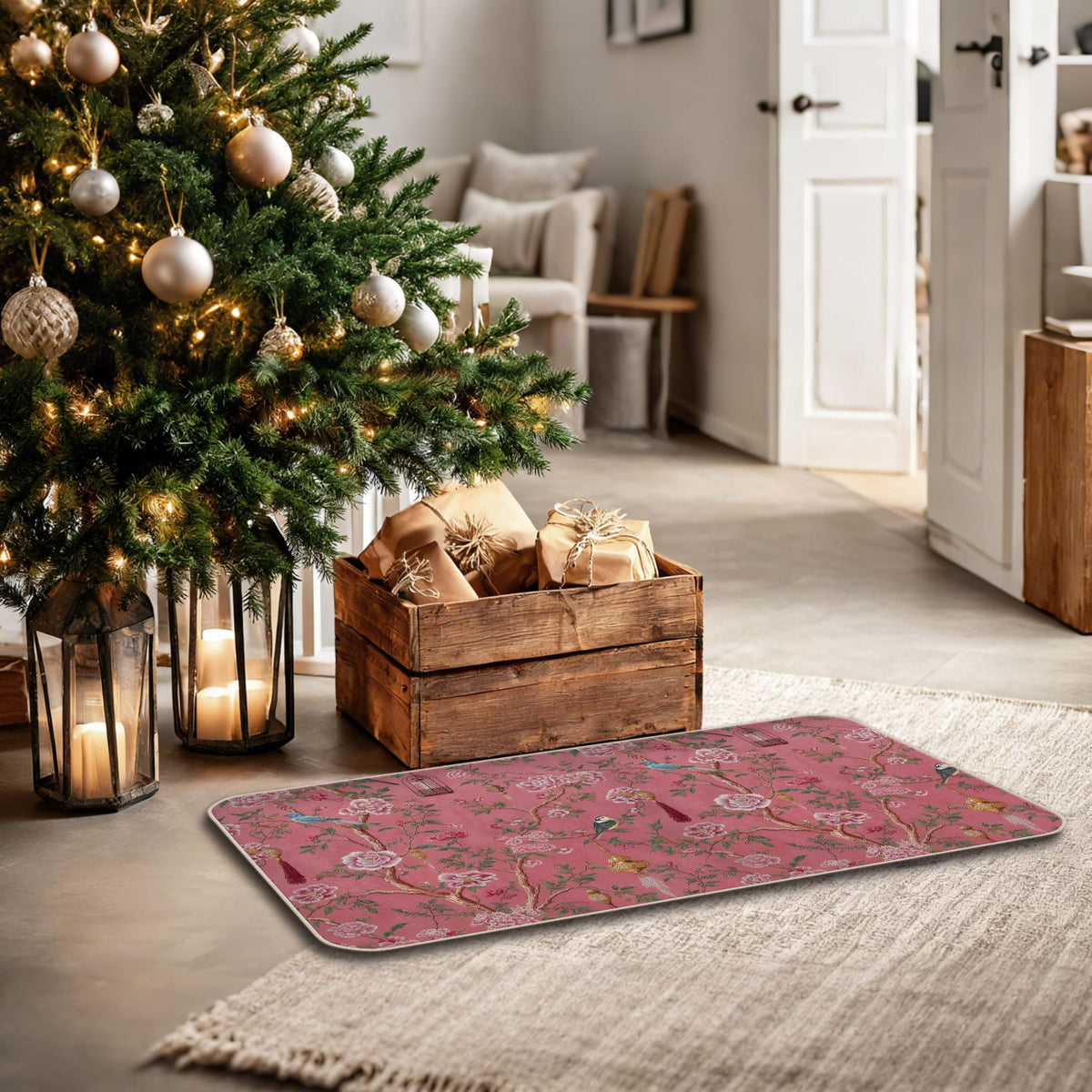 Pink Chinoiserie Bird Floral Door Mat (Pink)