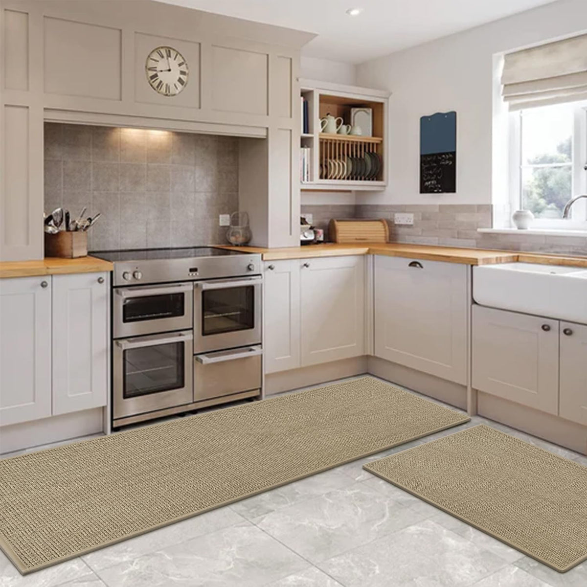 Washable Non Slip Kitchen Rugs and Mats Set of 2 (20" x 32" /20" x 48" / Linen)