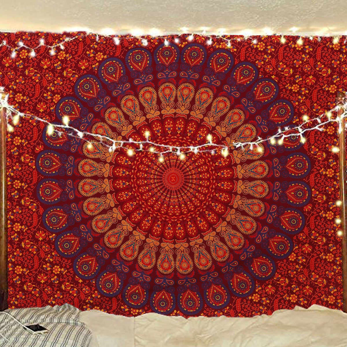 Indian hippie Bohemian Psychedelic Golden Blue Peacock Mandala Wall hanging Bedding Tapestry (Golden Brown Maroon / 60"L x 54"W)
