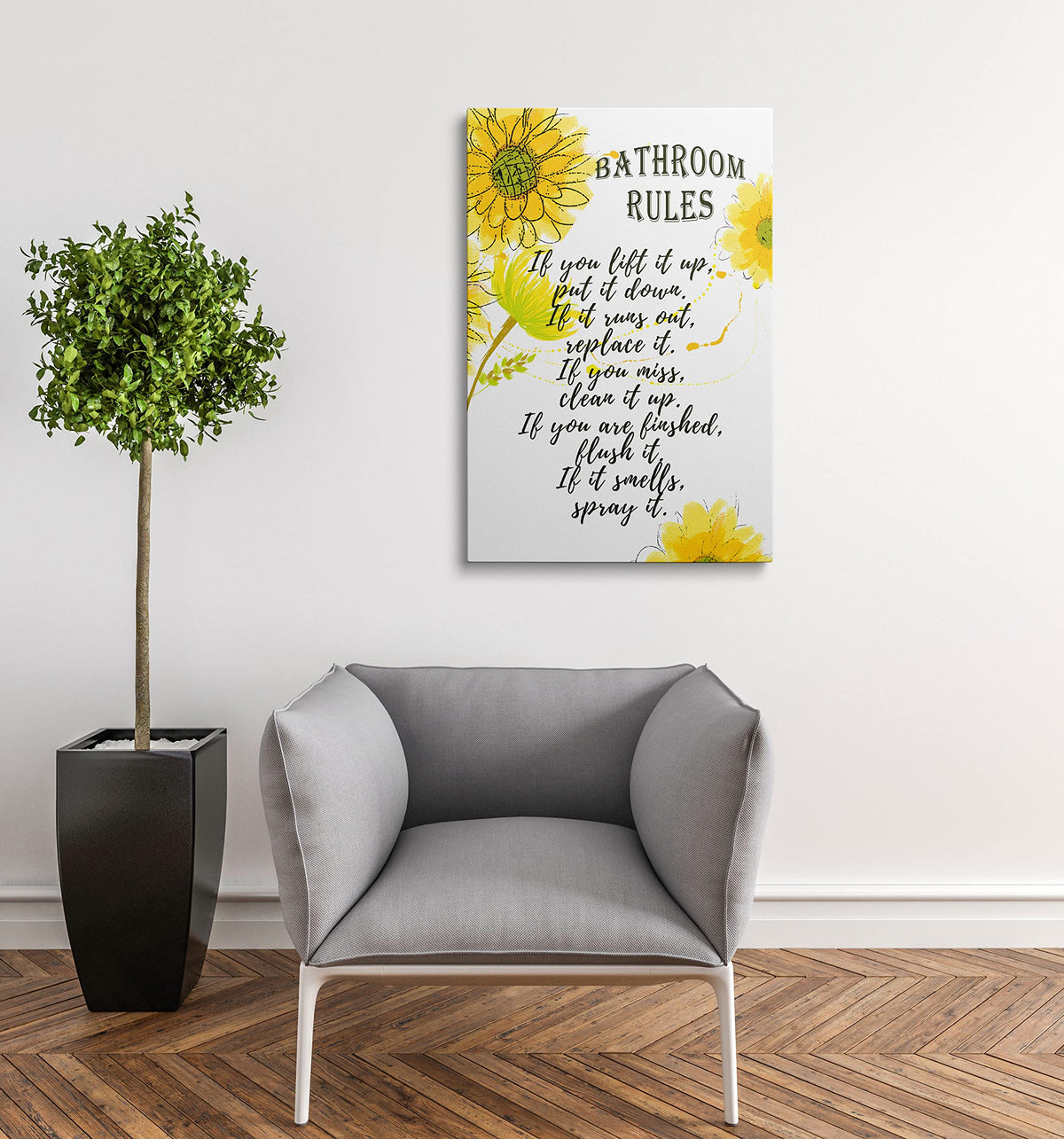 Framed Bathroom Rules Canvas Wall Art Yellow Floral Bath Decor 16x24 Inches (Bathroom Rules / 24"L x 16"W)