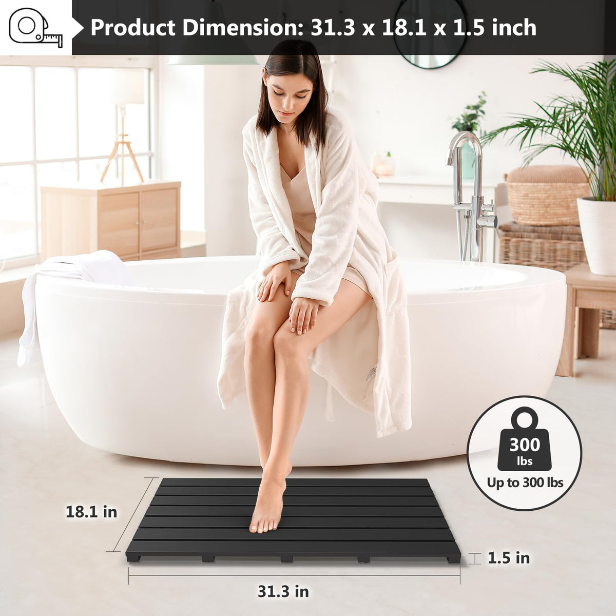 Wooden Bamboo Bath Shower Mat (Black / 31.3" x 18.1" (Rectangular))