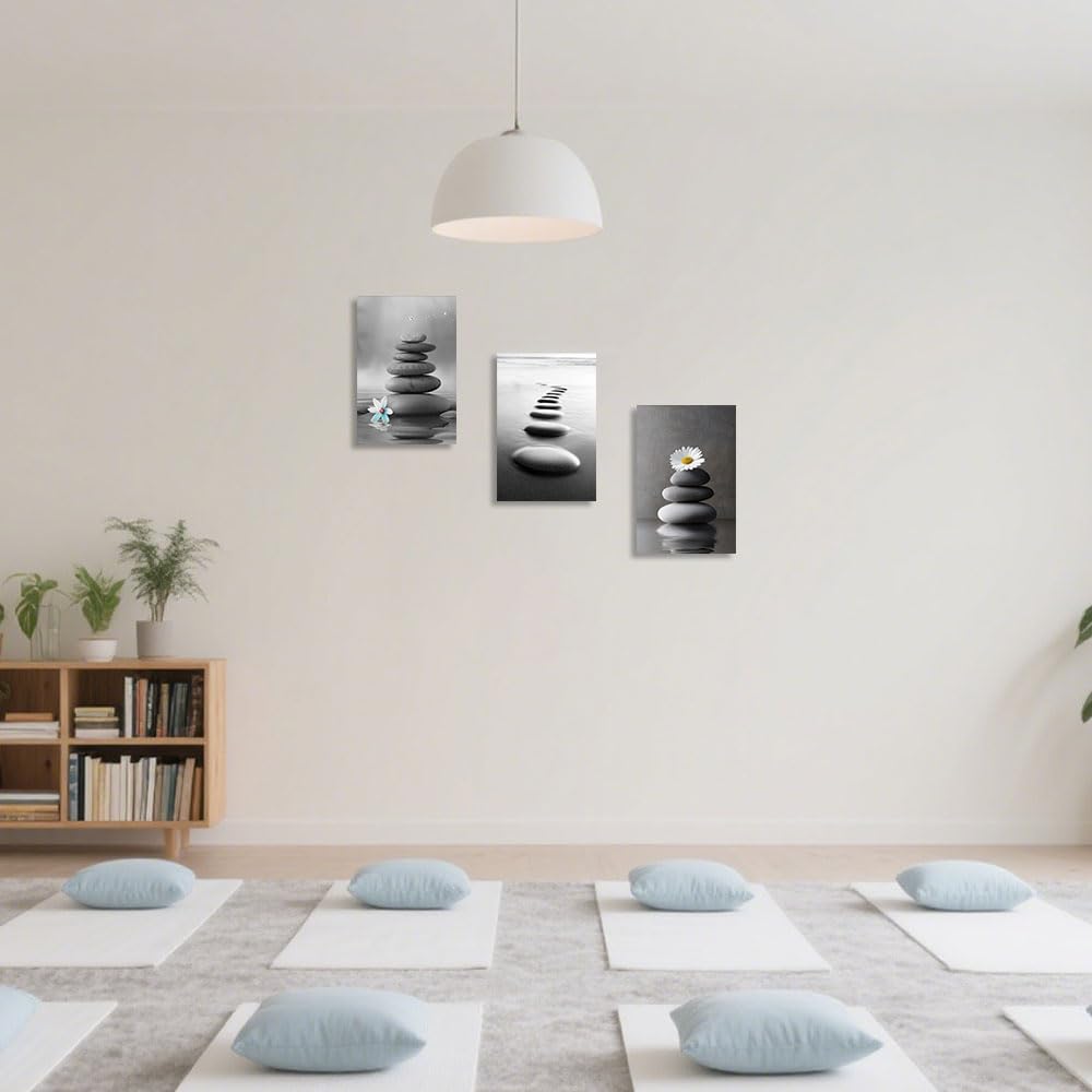3PCS Zen Stones Canvas Wall Art Black and White Zen Stone Painting Calming Meditation Wall Decor for Yoga Studio Office Spa Bathroom (gray / 16W"x24L"x3)