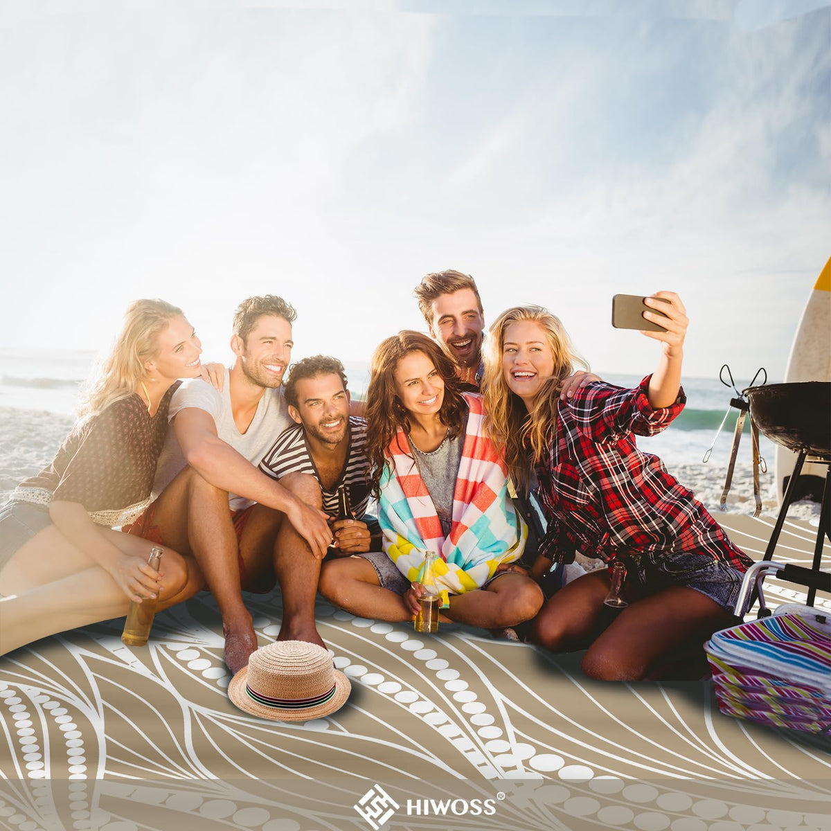 Beach Blanket Waterproof Sandproof Oversized 95”x 80” (Wavebeaded-khaki)