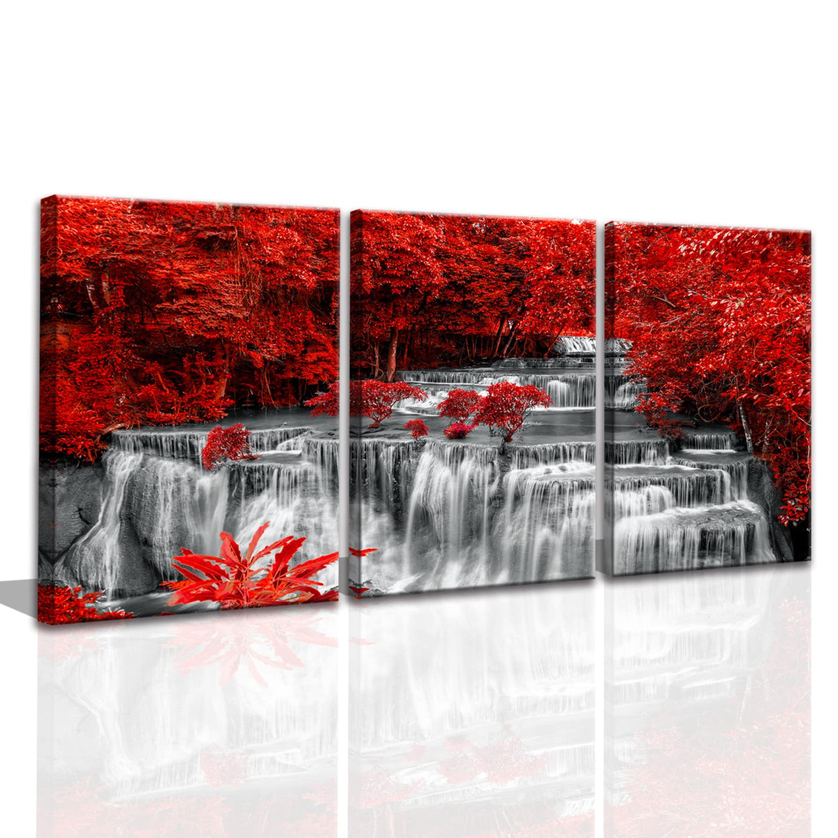 Black White and Red Waterfall Canvas Wall Art Forest Paintings Waterfall Artwork for Wall Print Landscape Wall Picture for Living Room Wall Decor Large Framed Wall Art (Black White Red3 / 16"x24"inches x 3 pcs)