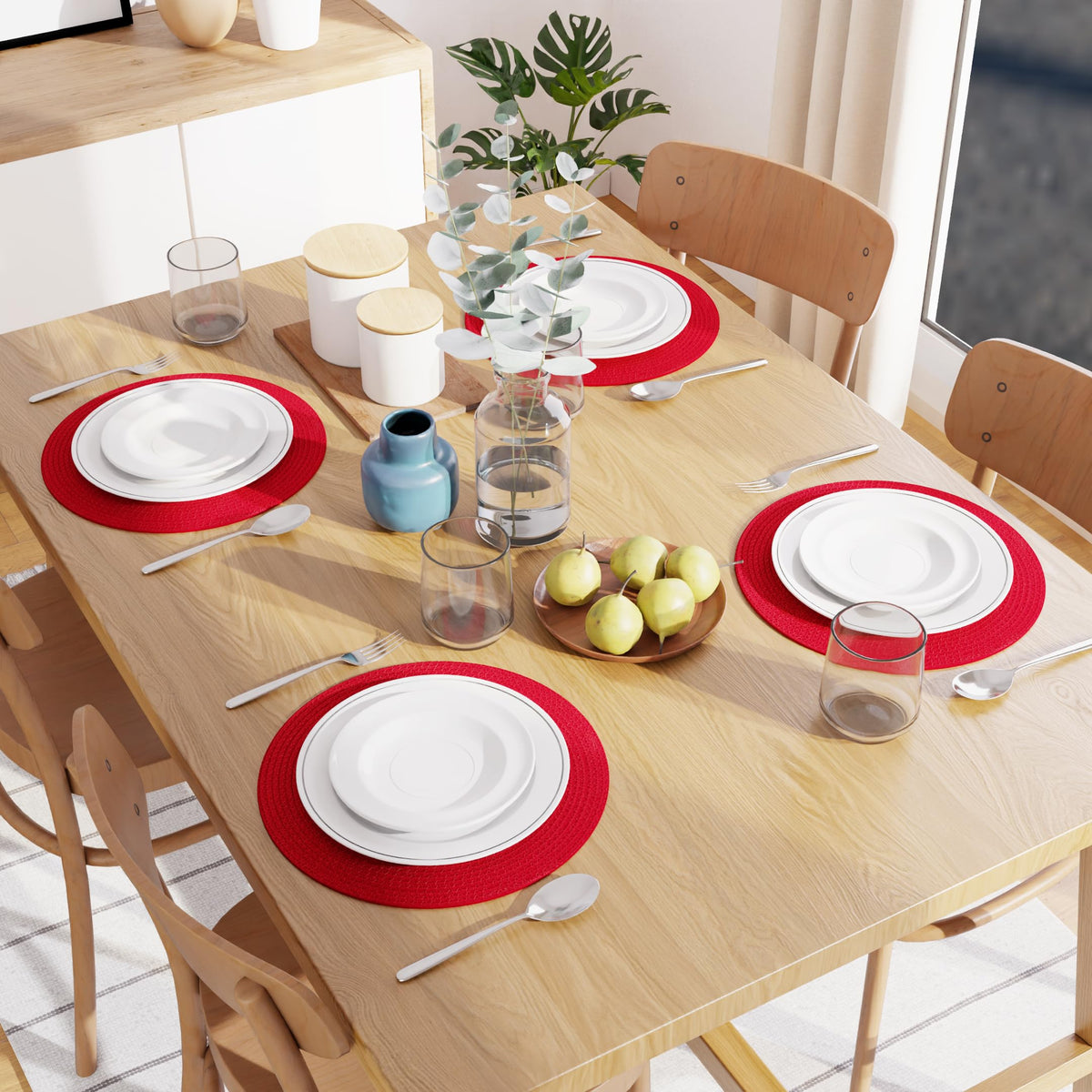 Placemats Round Cotton Dining Table Mats 13" (Red / 13" (Set of 4))