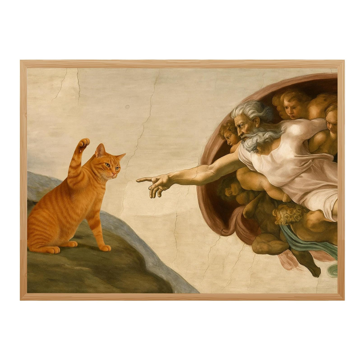 Framed Funny Cat Creation of Adam Canvas Wall Art Classic Renaissance Parody Poster Painting Prints Humorous God and Animal Paw Picture Artwork for Home Bedroom Decor Pet Lover 12x16inch (12"L x 16"W / Cat - Wood Frame)