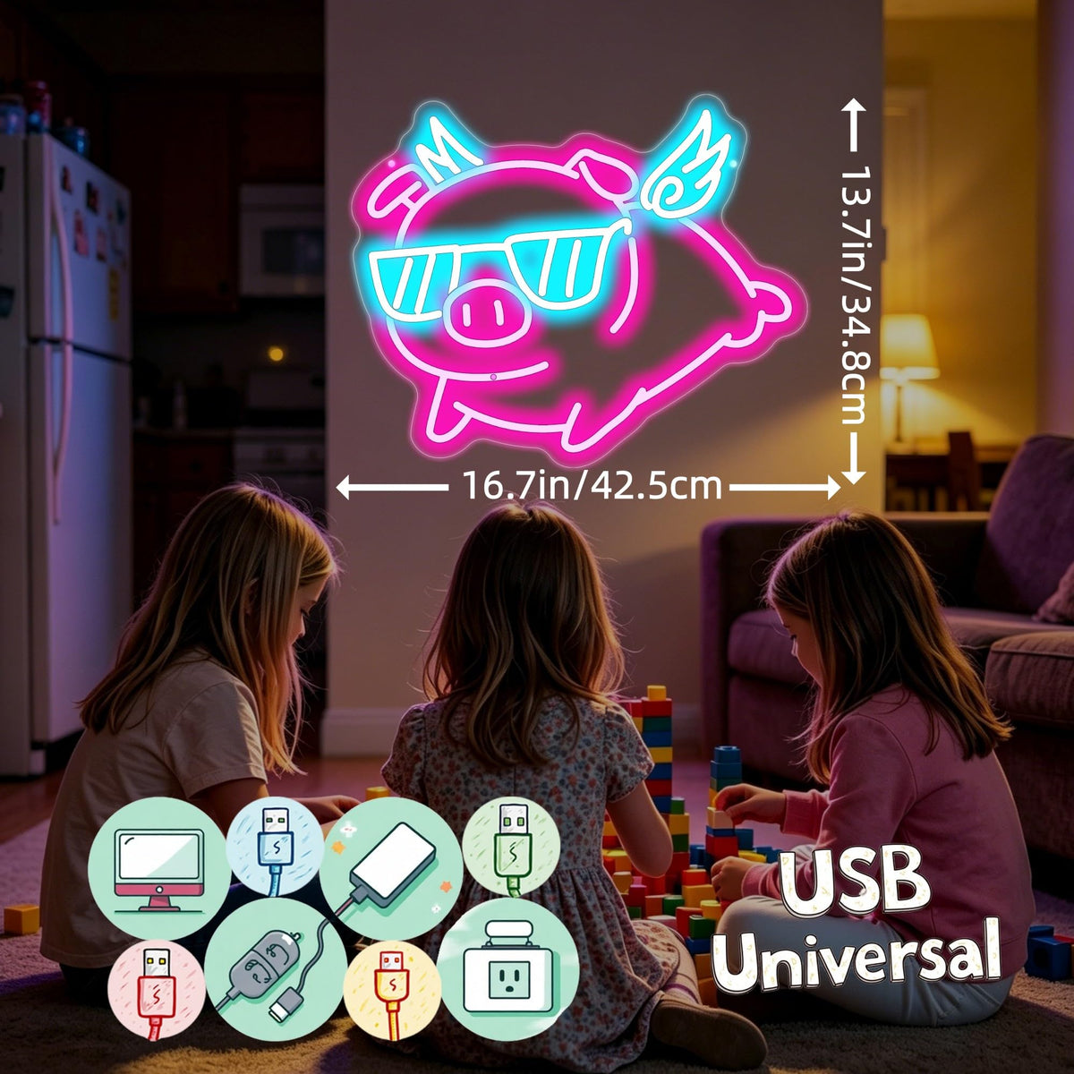 Pig Wings Flying Neon Sign Whimsical Animal LED Wall Decor Cafe (Pig Wings Flying)