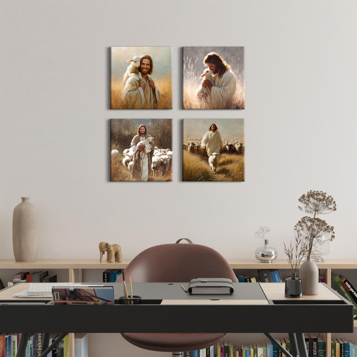 Jesus and Lamb Wall Art Set of 4 Christian Wall Decor Running After Lost Lamb Pictures Canvas Prints Vintage Jesus Theme Paintings Christ The Good Shepherd Artwork Home Decorations 12x12” (12"L x 12"W / Jesus01)
