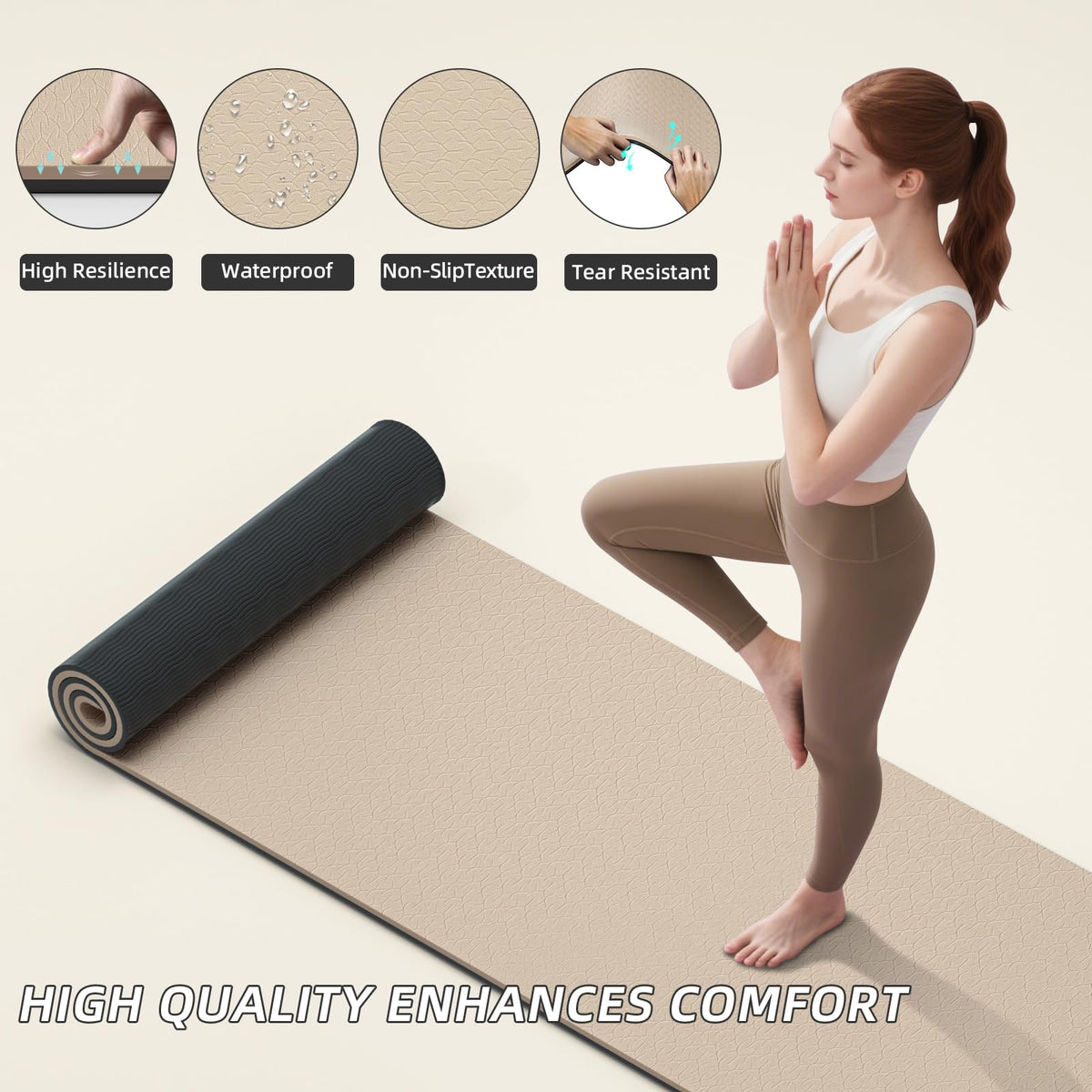 Yoga Mat 10mm Extra Thick and Extra Long (Beige+Black)