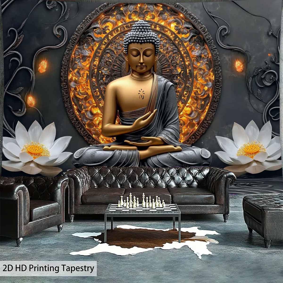 Sitting Golden Buddha Tapestry Wall Hanging Buddhist Statue Tapestries White Lotus Meditation Wall Decor Zen Art Psychedelic Indian Wall Blanket for Bedroom Living Room Home Decor (Grey / 59"L x 39"W)