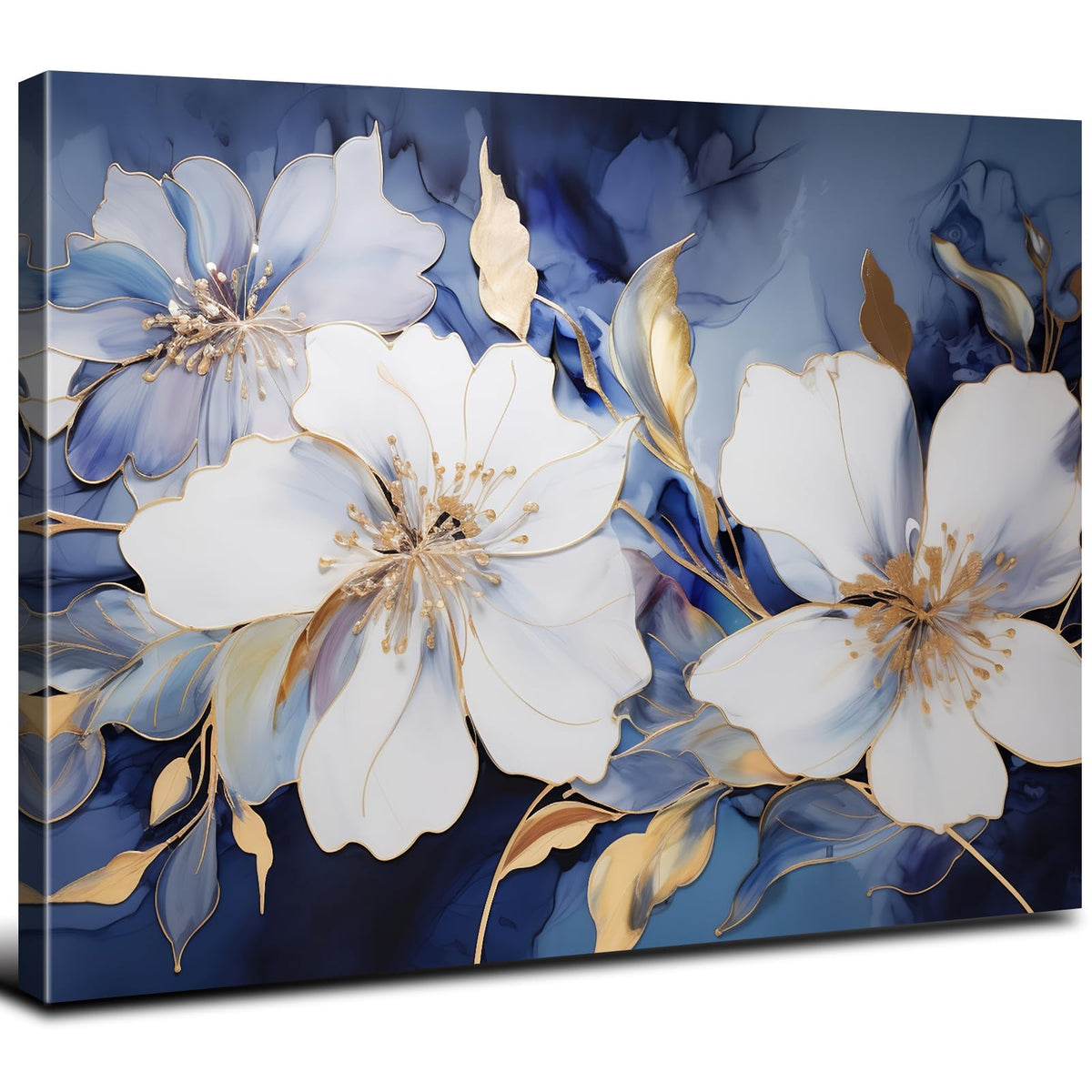 Abstract Flower Canvas Wall Art Blue and Gold Wall Decor Modern Marble Floral Picture Canvas Prints for Living Room Bedroom Watercolor Botanical Poster Painting Artwork Framed Home Decorations 16x24 (24"L x 16"W / Abstract Flower)