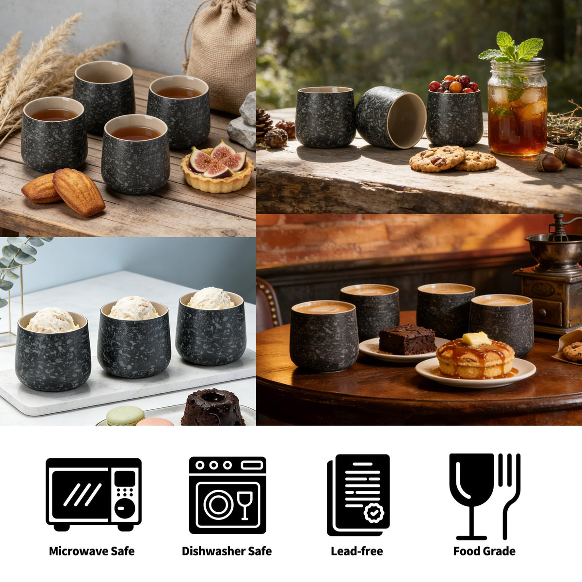Japanese Tea Cups Set of 4pcs (Charcoal Black / 7.2 fl oz (4-Count))