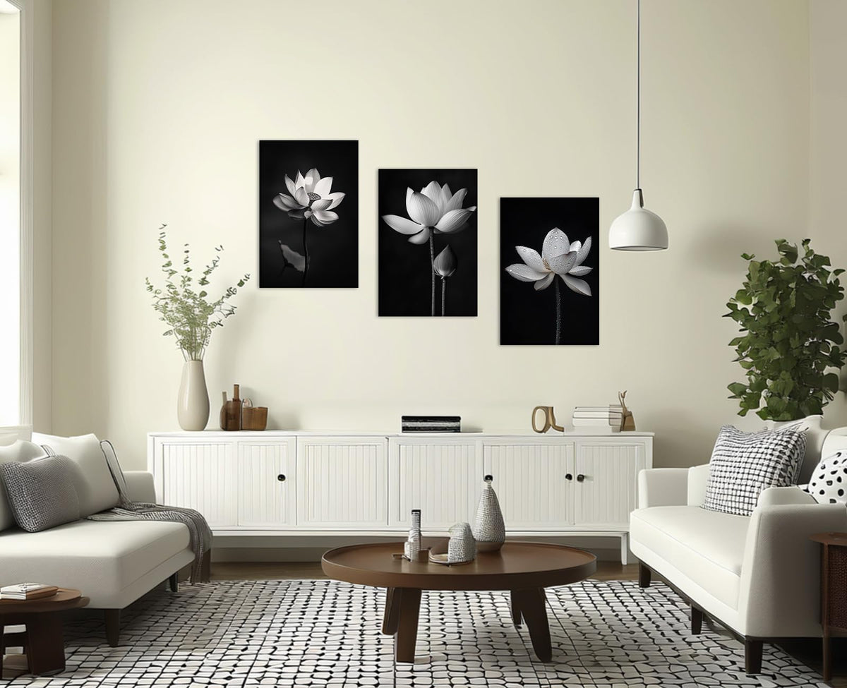 Large Zen Canvas Wall Art 3Pcs Lotus Picture Black and White Painting Meditation Spiritual Prints Zen Artwork for Living Room Bathroom Home Office Wall Decor Framed (Zen-10 / 24.00"x36.00"x3P)